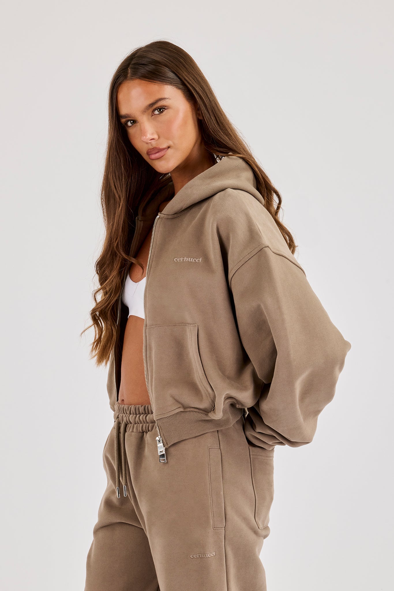 Cernucci Cropped Zip Through Hoodie - Taupe